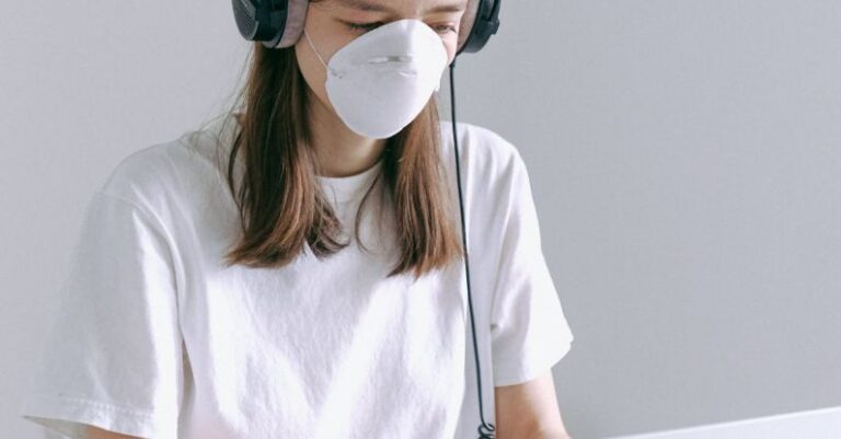 Masks - Woman In White Crew Neck T-shirt Using Macbook