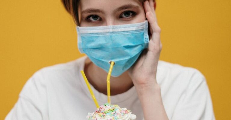 Masks - Woman in White Sleeve Shirt With Blue Face Mask