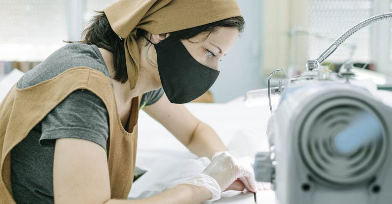 Masks - Woman in Bandana and Black Face Mask Working